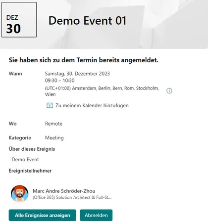 Quick Register to Appointment (SharePoint Event page)