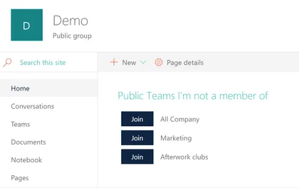 Public teams I&rsquo;m not a member of Web Part
