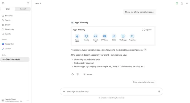 Inline Apps directory card in the Copilot canvas