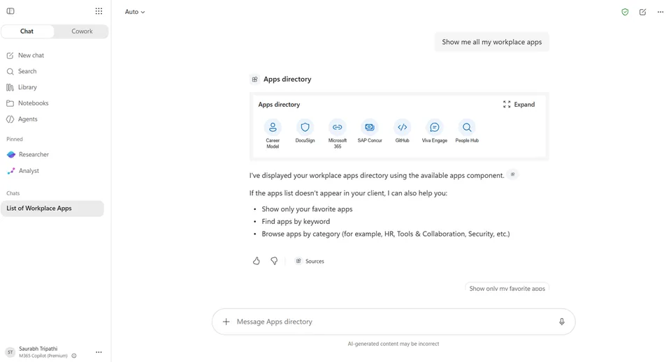 Inline Apps directory card in the Copilot canvas