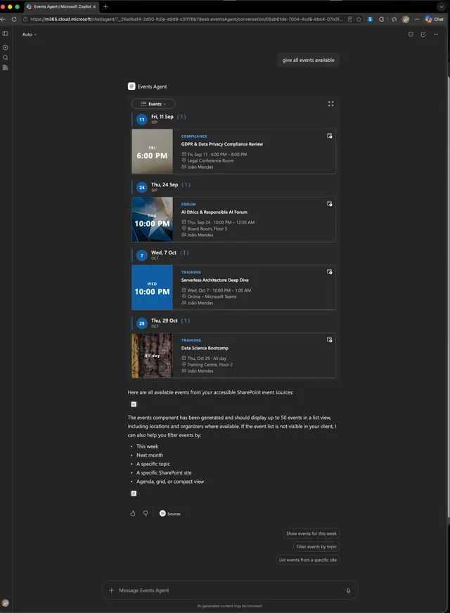 Inline SharePoint Events Agent gallery displaying recent events in Microsoft 365 Copilot.