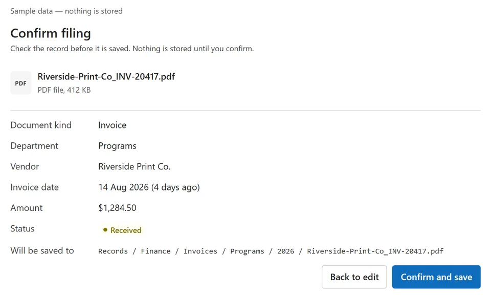 Inline — the confirm step: a read-only summary of every field and the exact destination path, with Back to edit and Confirm and save