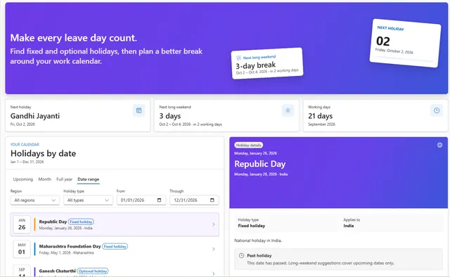 Expanded Holiday Planner dashboard with next holiday, next long weekend, working-day summary, holiday calendar, and holiday details.