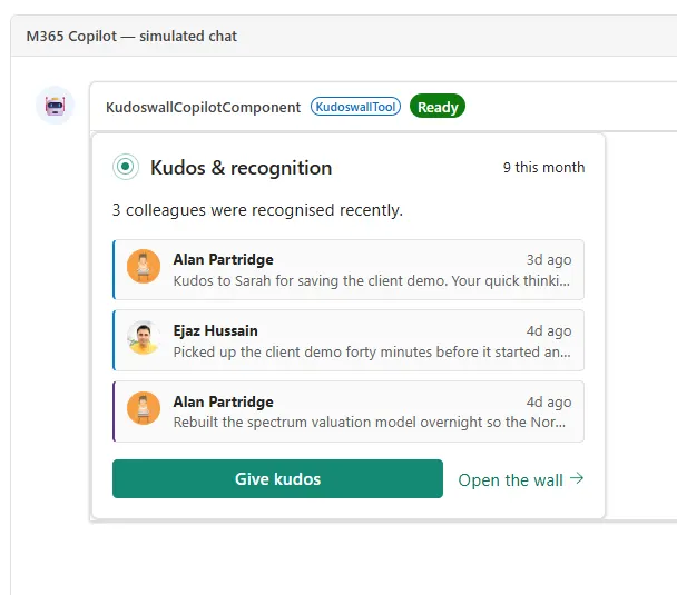Inline Kudos card inside a Microsoft 365 Copilot chat, showing a digest of recent recognitions with Give kudos and Open the wall actions.