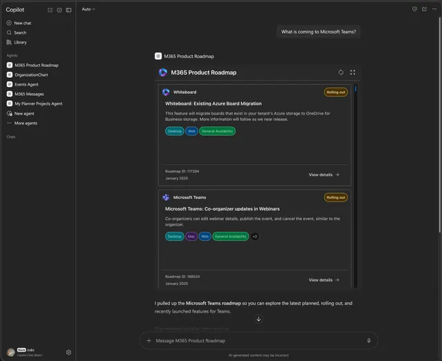 M365 Product Roadmap component gallery preview showing roadmap feature cards in Microsoft Copilot.