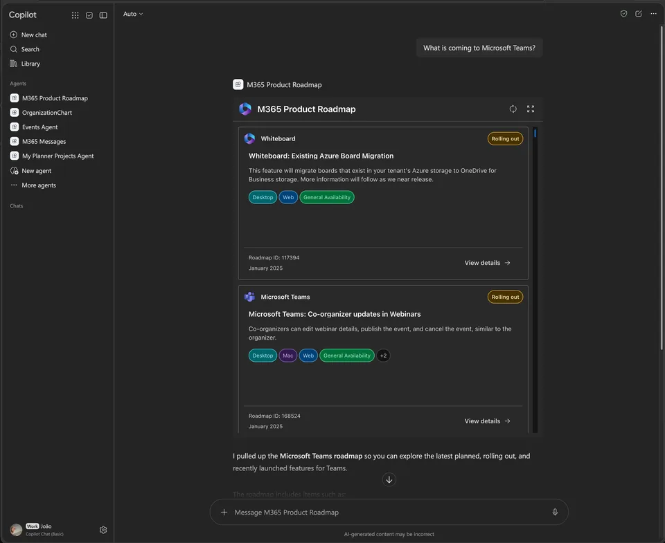 M365 Product Roadmap component gallery preview showing roadmap feature cards in Microsoft Copilot.