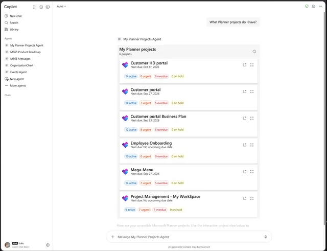 My Planner Projects Agent gallery preview showing Planner project discovery interface in Microsoft 365 Copilot.