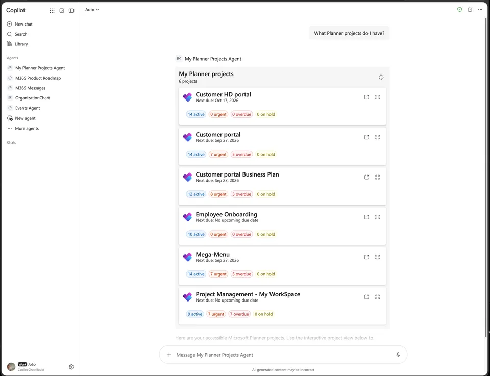 My Planner Projects Agent gallery preview showing Planner project discovery interface in Microsoft 365 Copilot.