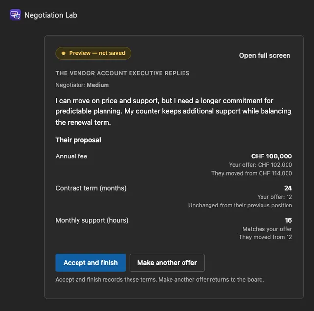 Counteroffer preview showing CHF 108,000, 24 months and 16 support hours with explicit confirmation actions