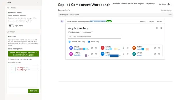 Inline people search results rendered in Microsoft 365 Copilot chat.