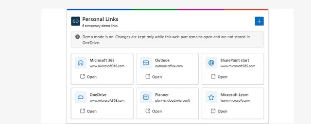 Compact Personal Links experience showing six temporary demonstration links in a Fluent UI card grid.