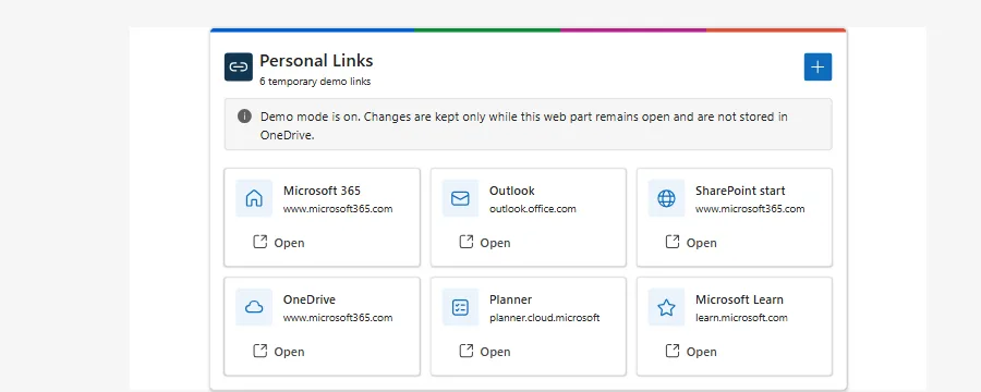 Compact Personal Links experience showing six temporary demonstration links in a Fluent UI card grid.