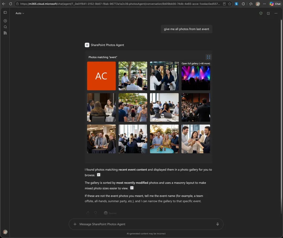 Inline SharePoint Photos Agent gallery displaying recent event photos in Microsoft 365 Copilot.