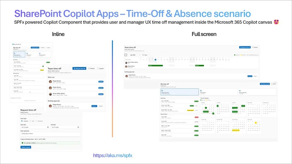 My Time Off scenario — inline balance card and full-screen team absence calendar