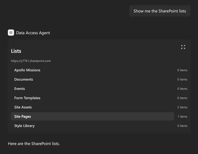 The SharePointLists component in Microsoft 365 Copilot showing the lists on a SharePoint site with the number of items in each list