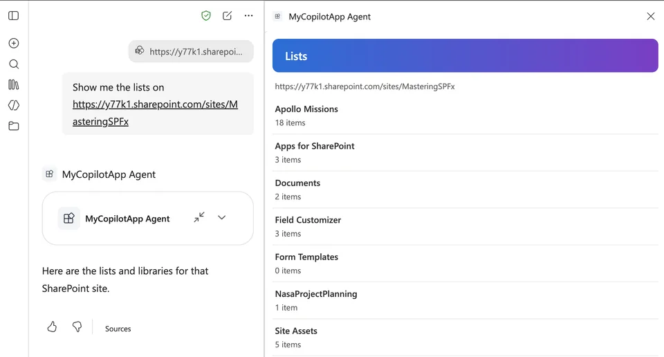 Microsoft 365 Copilot showing the lists on a SharePoint site in the MyCopilotApp component after the user asked for the lists on the site