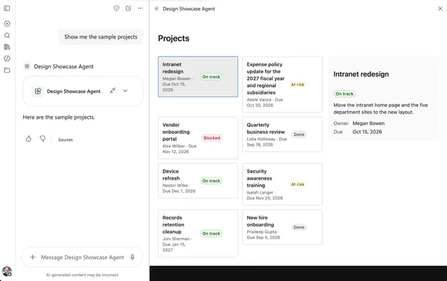 The DesignShowcase component in Microsoft 365 Copilot in the fullscreen display mode and light theme, with a selected project card and its details