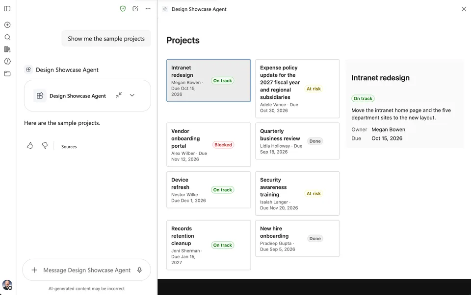The DesignShowcase component in Microsoft 365 Copilot in the fullscreen display mode and light theme, with a selected project card and its details