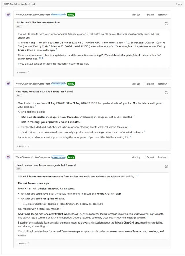 Work IQ Answers rendering a cited answer with entity chips and a grouped source panel