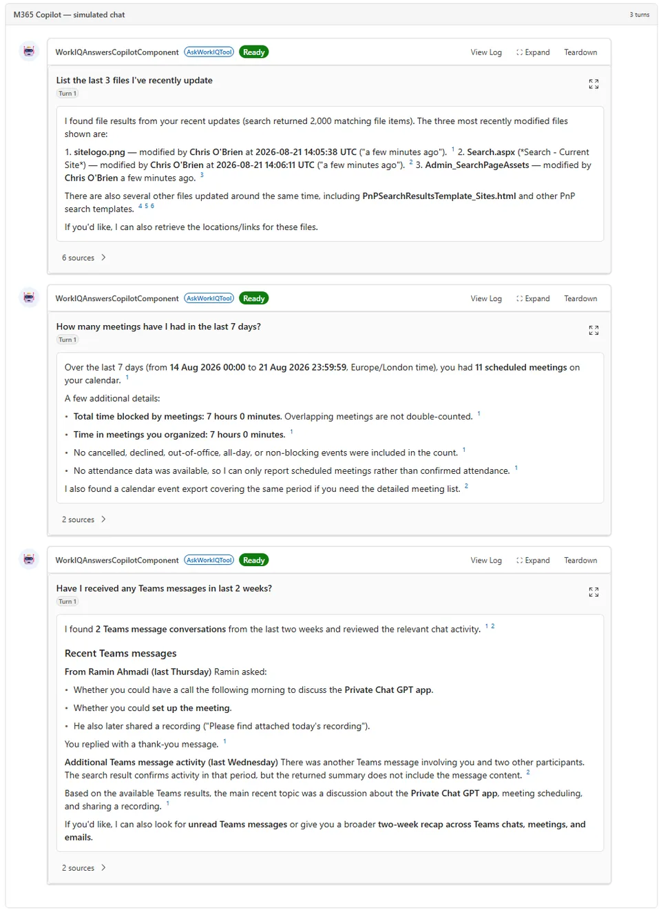 Work IQ Answers rendering a cited answer with entity chips and a grouped source panel