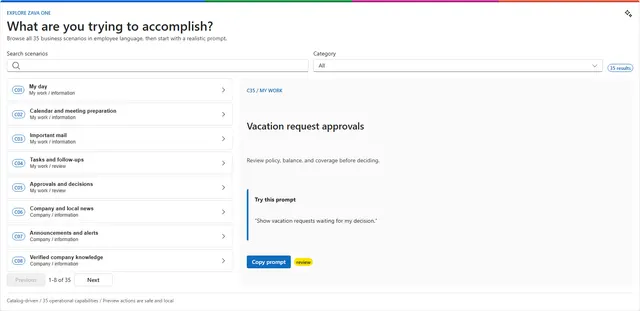 Searchable Zava One capability explorer with safe prompt preview