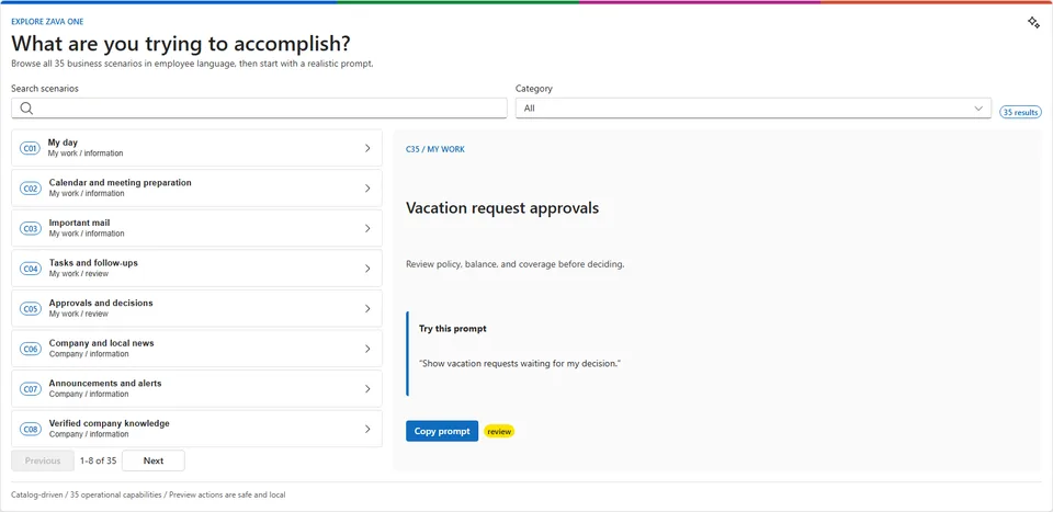 Searchable Zava One capability explorer with safe prompt preview